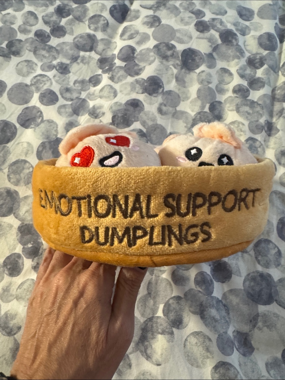 Emotional Support Dumplings Plush Set — Peach Plush Dumplings in Tan Basket